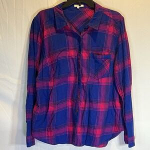 Maurices Size 1 Cabin Plaid‎ Boyfriend Tunic Shirt Long Sleeve Purple Pink Blue